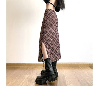 Plaid Waist A-Line Mid Midi Skirt