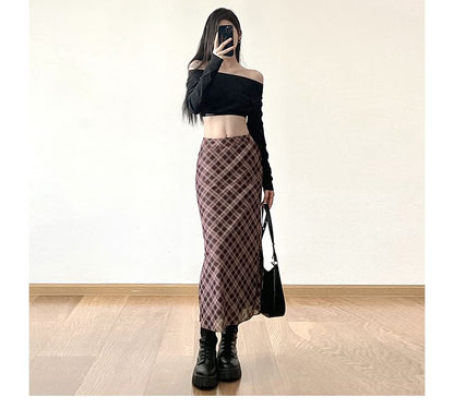 Plaid Waist A-Line Mid Midi Skirt