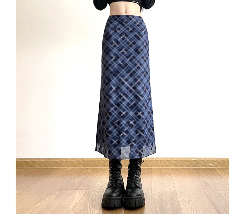 Mid Waist Plaid Midi A-Line Skirt