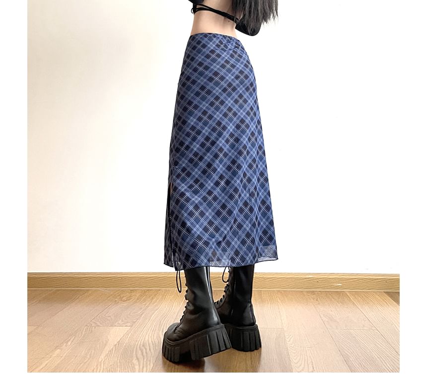 Mid Waist Plaid Midi A-Line Skirt