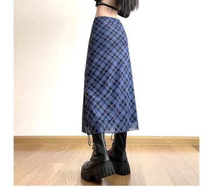 Mid Waist Plaid Midi A-Line Skirt