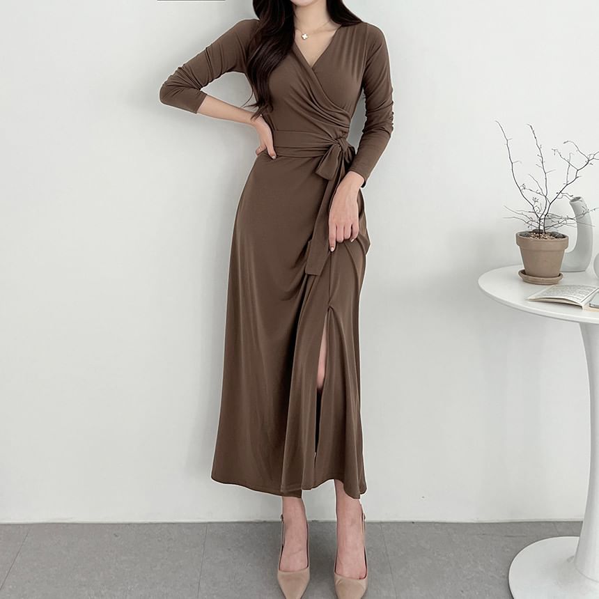 Long-Sleeve V-Neck Plain Wrap Tie-Front Slit Midi A-Line Dress