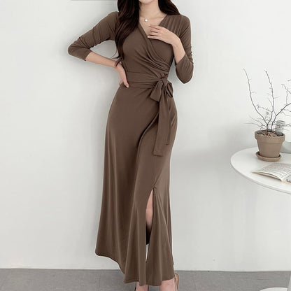 Long-Sleeve V-Neck Plain Wrap Tie-Front Slit Midi A-Line Dress