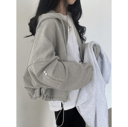 Plain Drawstring Zip Hoodie