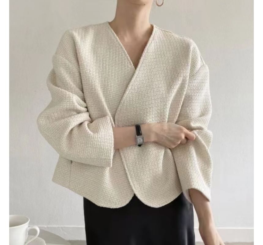 V-Neck Tweed Open Front Jacket