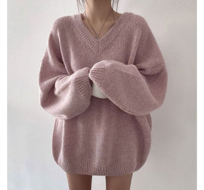 Long-Sleeve V-Neck Plain Sweater