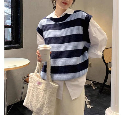 Striped Vest Sleeveless Neck Round Knit