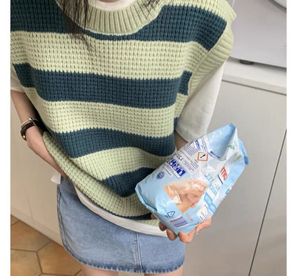 Striped Vest Sleeveless Neck Round Knit
