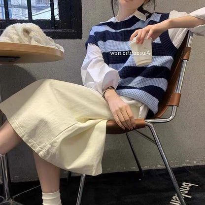 Striped Vest Sleeveless Neck Round Knit