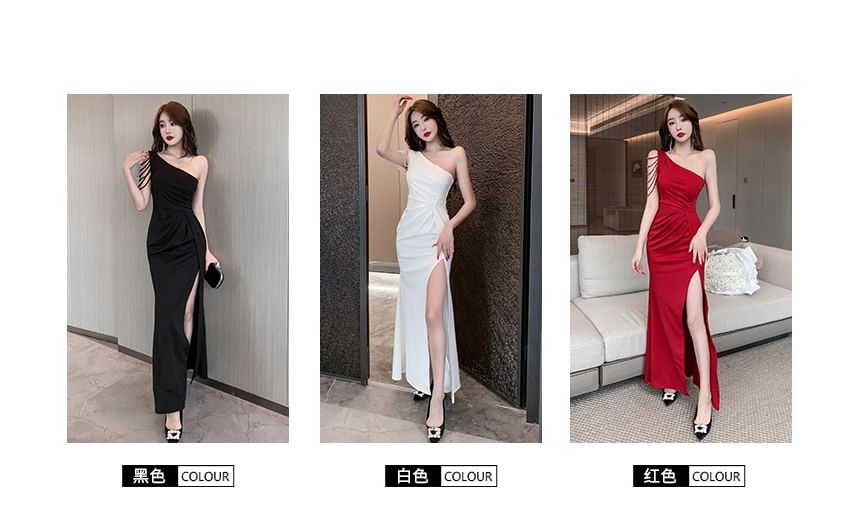 One-Shoulder Plain Caged Shirred Slit Bodycon Cocktail Dress