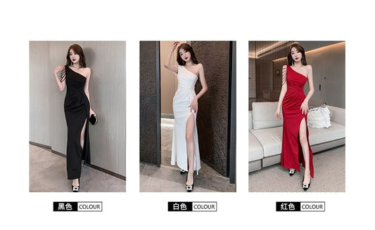 One-Shoulder Plain Caged Shirred Slit Bodycon Cocktail Dress