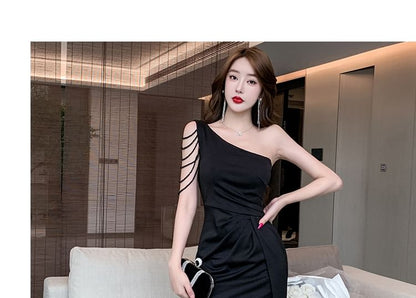 One-Shoulder Plain Caged Shirred Slit Bodycon Cocktail Dress
