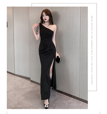 One-Shoulder Plain Caged Shirred Slit Bodycon Cocktail Dress