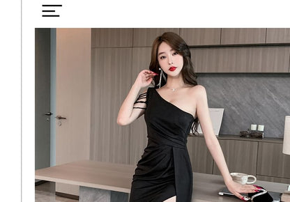 One-Shoulder Plain Caged Shirred Slit Bodycon Cocktail Dress