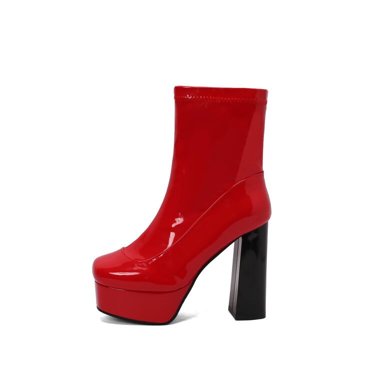 Chunky Heel Square Toe Plain Patent Short Boots