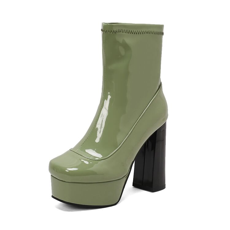 Chunky Heel Square Toe Plain Patent Short Boots