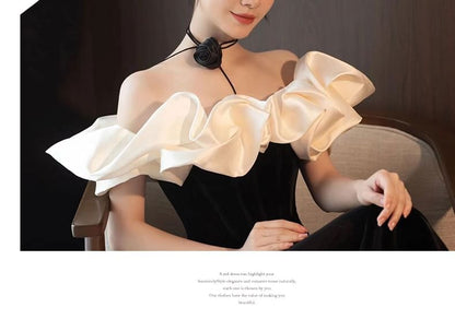 Set: Off-Shoulder Two Tone Ruffle Velvet Mermaid Evening Gown + Floral Choker