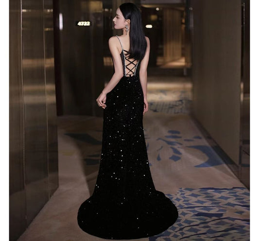 Spaghetti Strap Sweetheart Neckline Two Tone Rhinestone Accent Sequin Trained Open Back Mermaid Evening Gown
