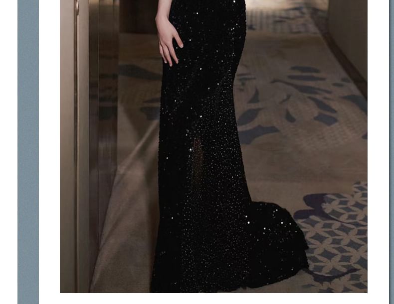 Trained Rhinestone Two Tone Mermaid Accent Sequin Gown Neckline Sweetheart Strap Back Open Spaghetti Evening