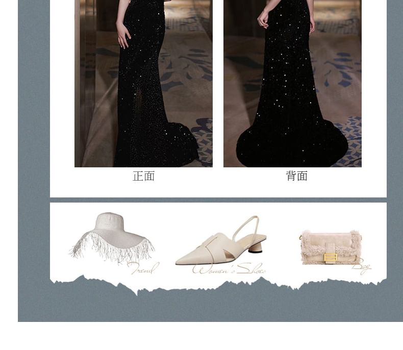 Accent Rhinestone Gown Open Evening Spaghetti Neckline Two Strap Mermaid Back Sweetheart Trained Tone Sequin