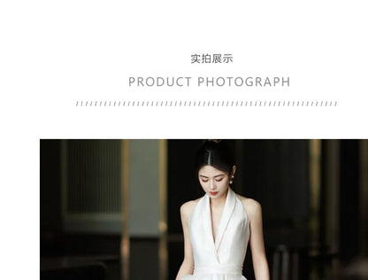 Halter Shawl Collar Plain Satin A-Line Wedding Gown