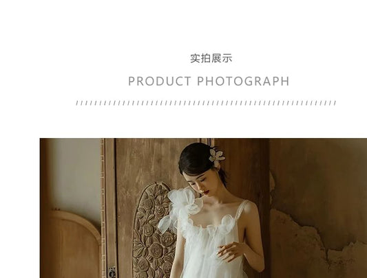 Spaghetti Strap Plain Flower Detail Mesh A-Line Wedding Gown