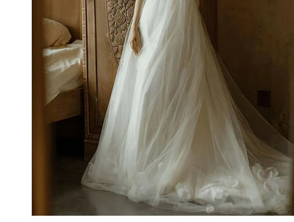 Spaghetti Strap Plain Flower Detail Mesh A-Line Wedding Gown