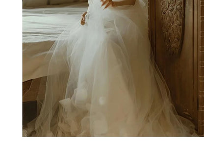 Spaghetti Strap Plain Flower Detail Mesh A-Line Wedding Gown