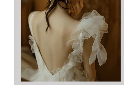 Spaghetti Strap Plain Flower Detail Mesh A-Line Wedding Gown