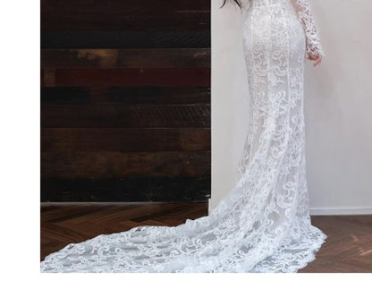 Long-Sleeve Off Shoulder Plain Lace Mermaid Wedding Gown