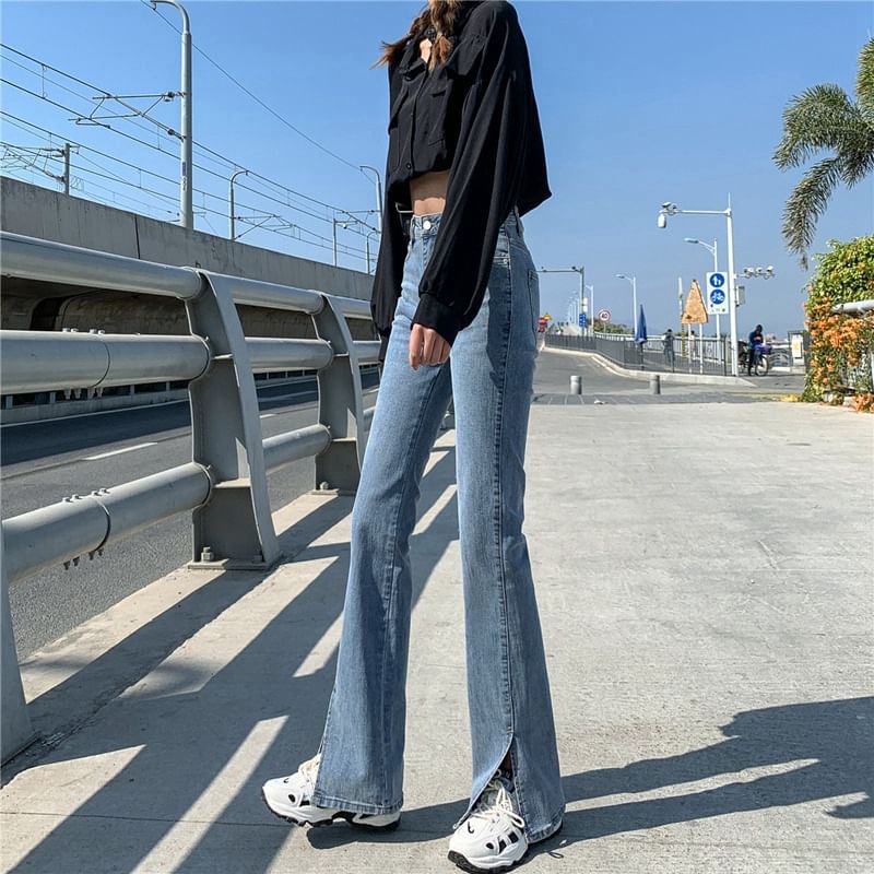 High Rise Washed Slim-Fit Boot-Cut Slit Jeans