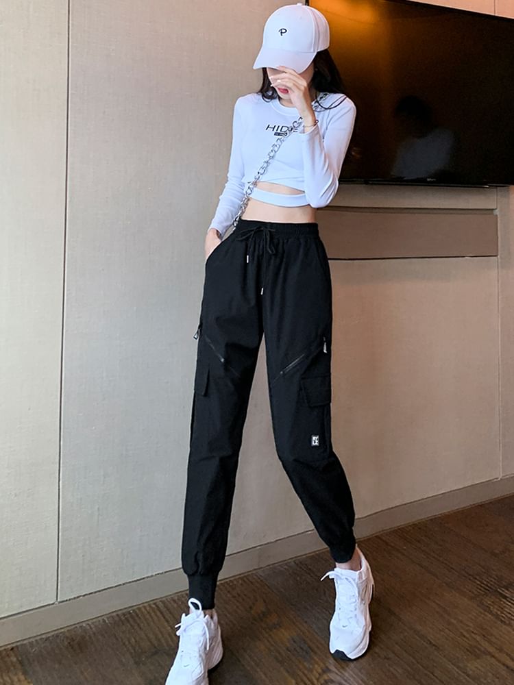 High Waist Drawstring Waist Wide Leg Pocketed Straight Cut Gather Cuff Cargo Sweatpants With Lining