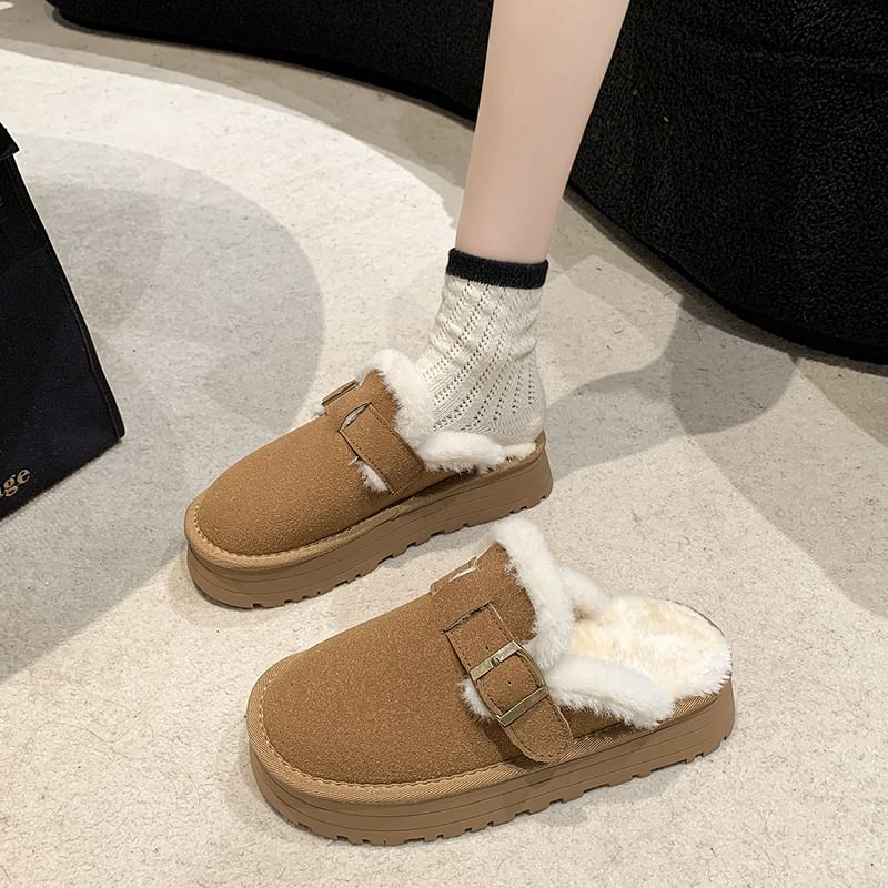 Buckled Fleece-Lined Platform Mules