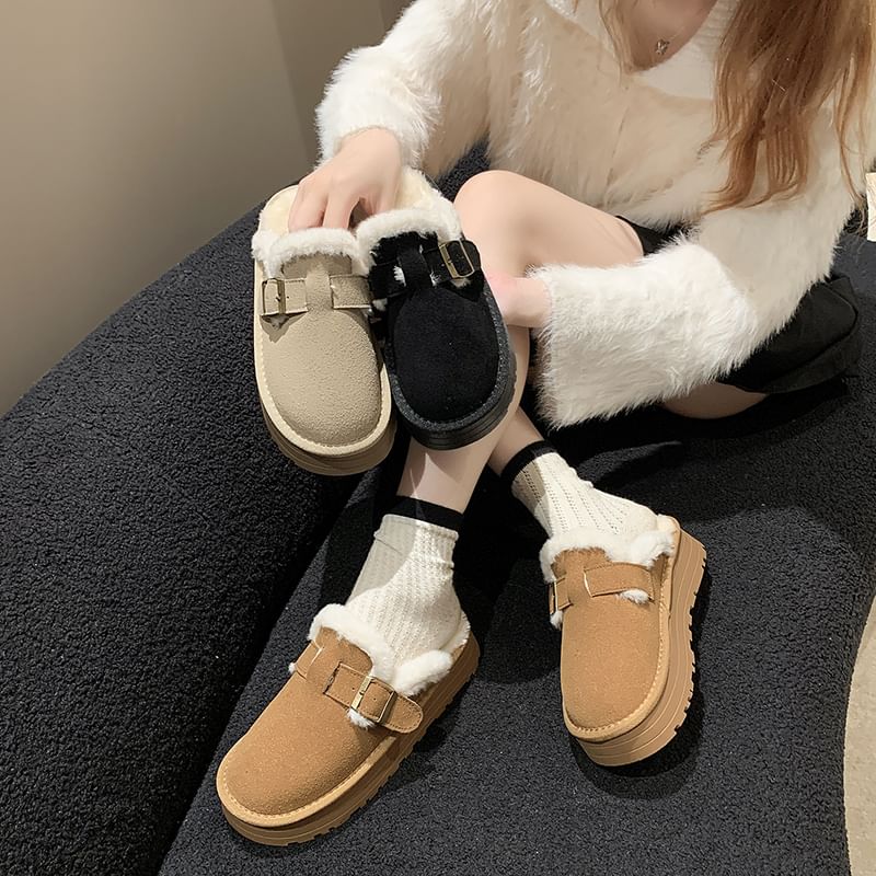 Buckled Fleece-Lined Platform Mules