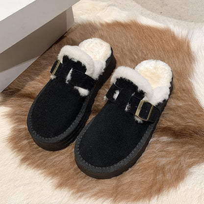 Buckled Fleece-Lined Platform Mules