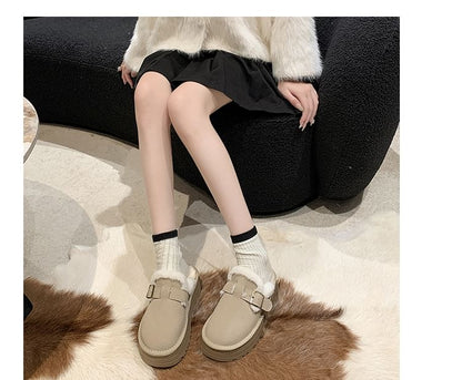 Buckled Fleece-Lined Platform Mules