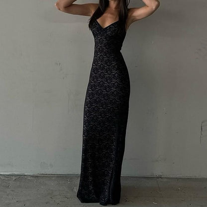 Lace V-Neck Sheath Maxi Dress with Thin Straps