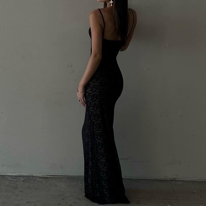 Lace V-Neck Sheath Maxi Dress with Thin Straps