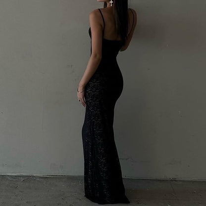 Lace V-Neck Sheath Maxi Dress with Thin Straps