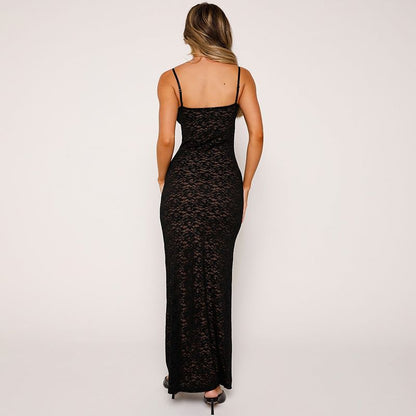 Lace V-Neck Sheath Maxi Dress with Thin Straps