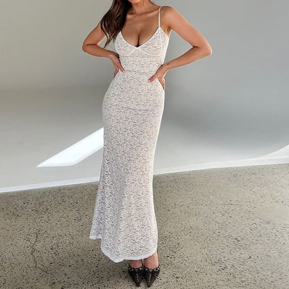 Lace V-Neck Sheath Maxi Dress with Thin Straps