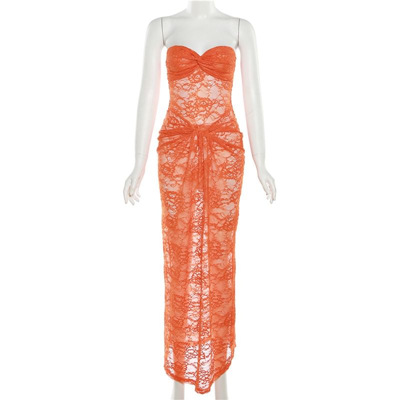 Ruched Lace Tube Sheath Maxi Dress
