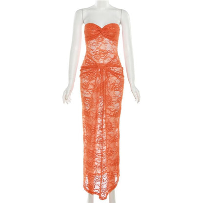 Ruched Lace Tube Sheath Maxi Dress