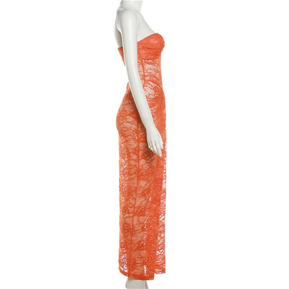 Ruched Lace Tube Sheath Maxi Dress
