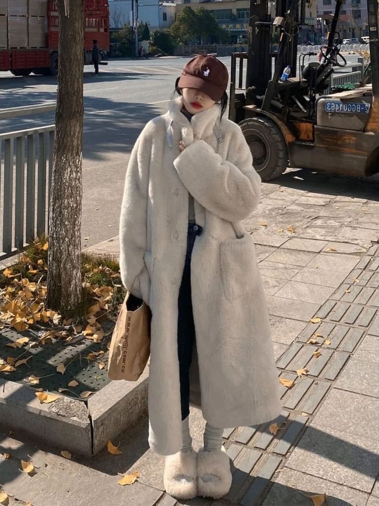 Stand Collar Plain Faux Fur Midi Button Coat