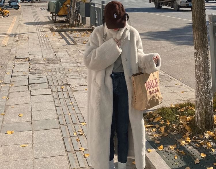 Stand Collar Plain Faux Fur Midi Button Coat