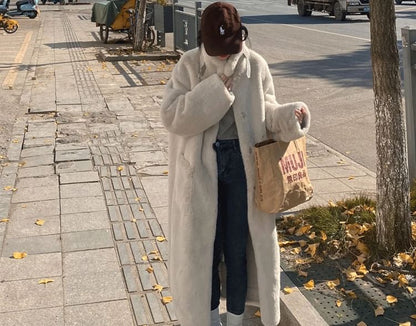 Stand Collar Plain Faux Fur Midi Button Coat