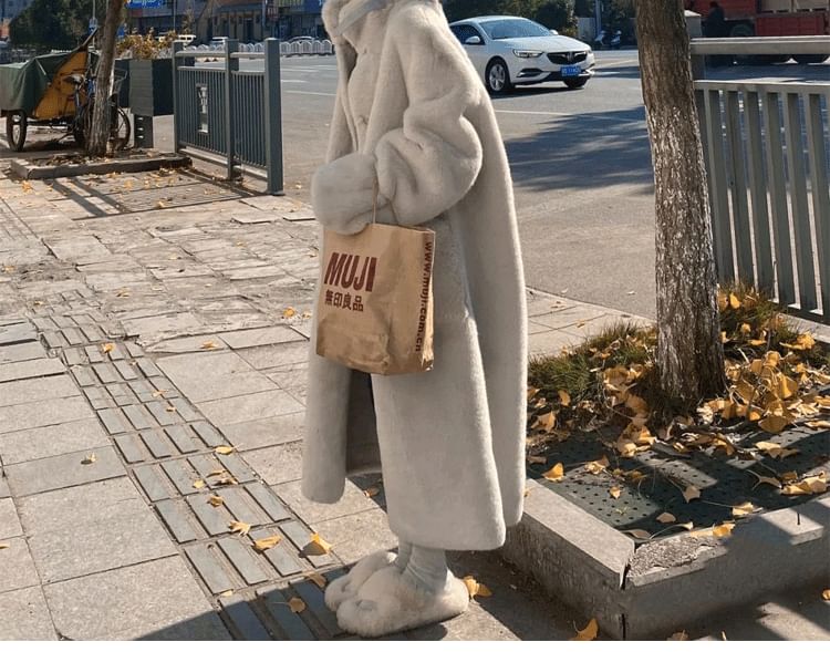 Stand Collar Plain Faux Fur Midi Button Coat