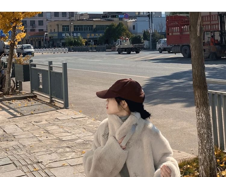 Stand Collar Plain Faux Fur Midi Button Coat