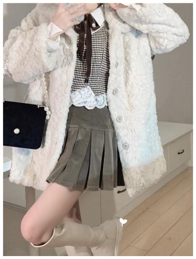 Collared Plain Faux Fur Button Jacket
